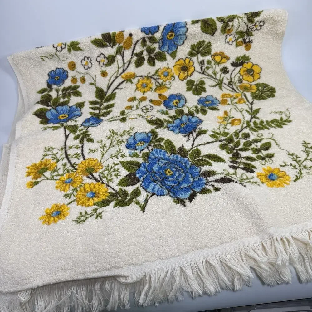 Set 3 Vintage Retro Floral MCM Blue Green Bath Towel Set Fringe USA